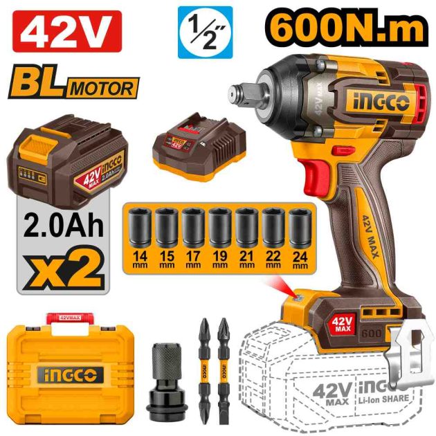 Clé à chocs sans fil Ingco 42 V au lithium-ion