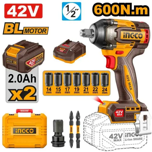 Clé à chocs sans fil Ingco 42 V au lithium-ion
